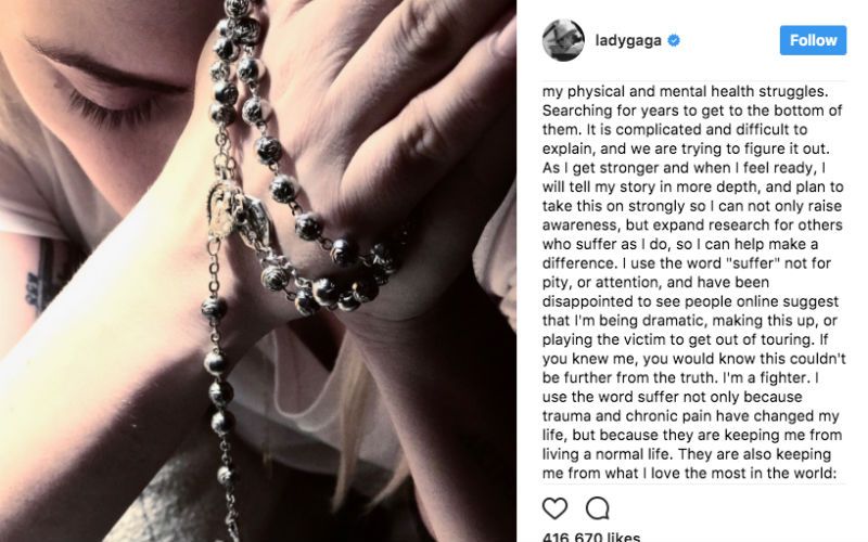 Lady Gaga posta foto rezando o terço para explicar cancelamento de sua turnê