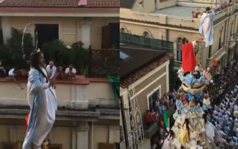 Atriz vestida de Virgem Maria voa sobre ruas italianas em festival católico