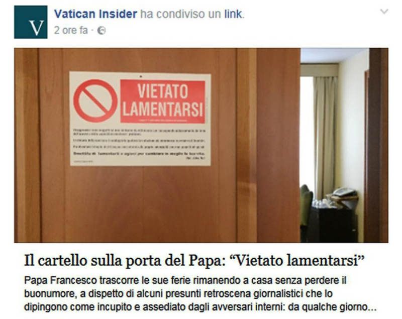 Papa Francisco coloca um aviso na porta de seu quarto que proíbe a todos de reclamarem da vida