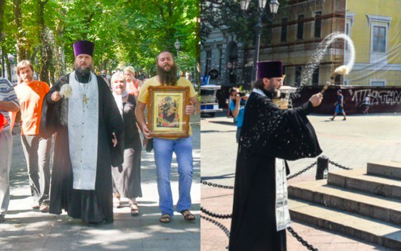 Sacerdote Ortodoxo limpa o Centro da sua cidade com água benta depois de parada LGBT