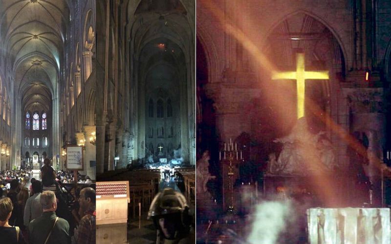 O interior da Catedral de Notre Dame ficou "praticamente intacto". Altar e cruz permanecem de pé