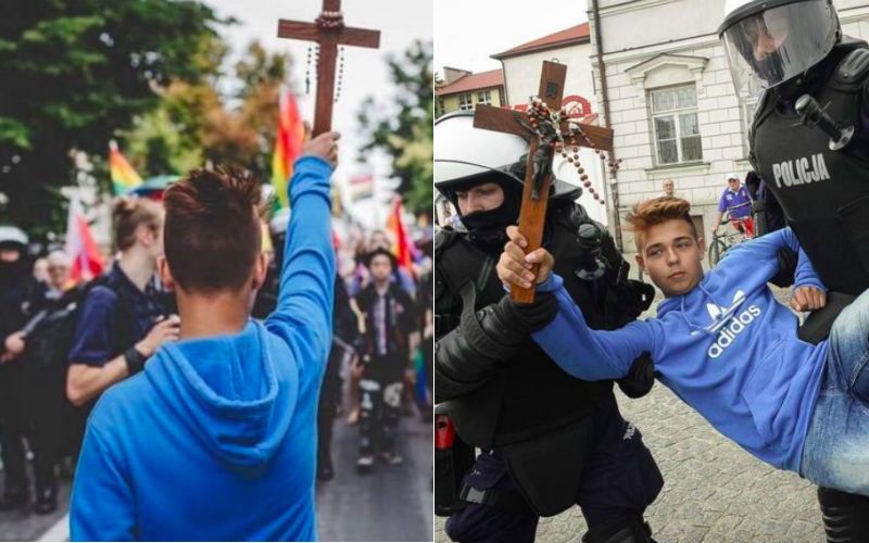 Jovem de 15 anos bloqueia Parada LGBT com crucifixo e rosário na Polônia