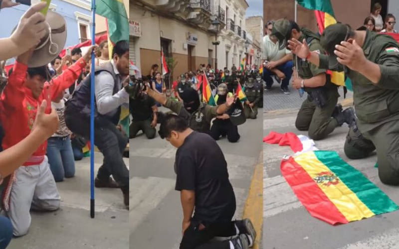 Renúncia de Evo Morales faz policiais agradecerem a Deus de joelhos na rua