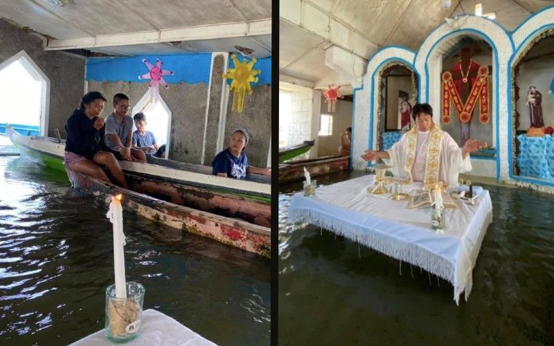 Católicos participam da missa em botes após igreja ser inundada nas Filipinas