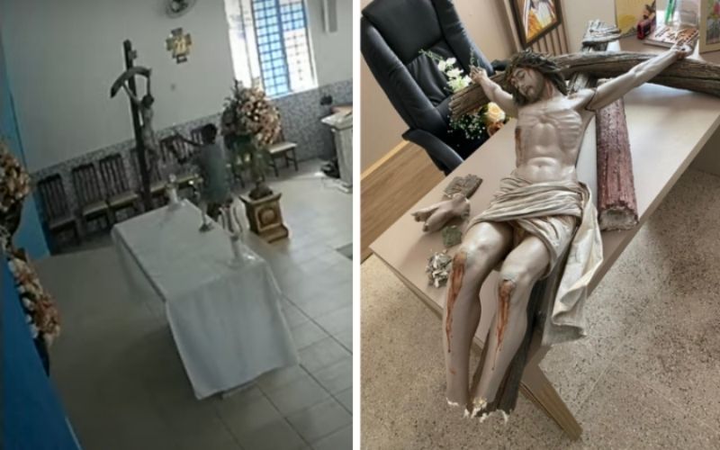 [Vídeo] Após missa, homem entra em igreja e destrói imagem de Cristo crucificado